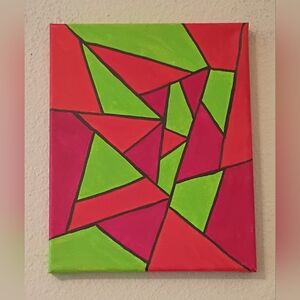 Handpainted Abstract Geometric Canvas Wall Art Red Pink Green Triangles